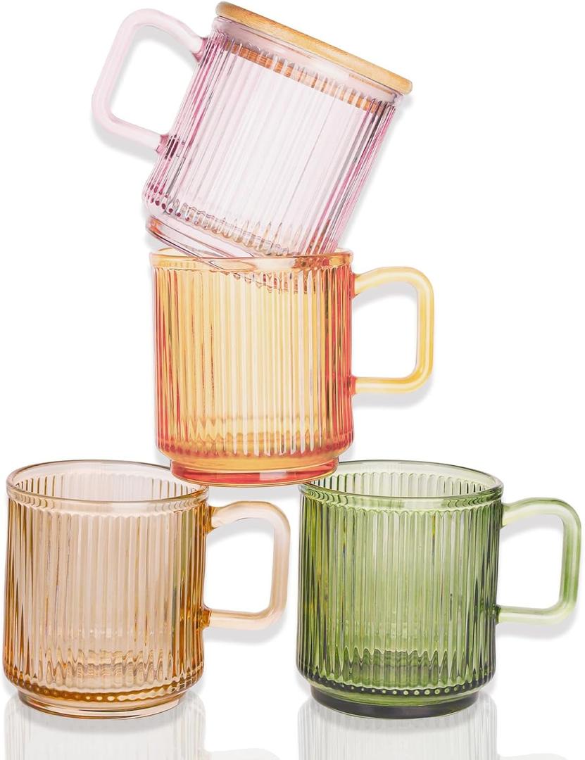 Ribbed Glass Coffee Mug with bamboo lids and handle, so cute, 12oz Tea Drinking Glasses, Fluted Design, Ideal for Water, Iced Coffee, Juice, Latte, Milk, Gift (Colored)