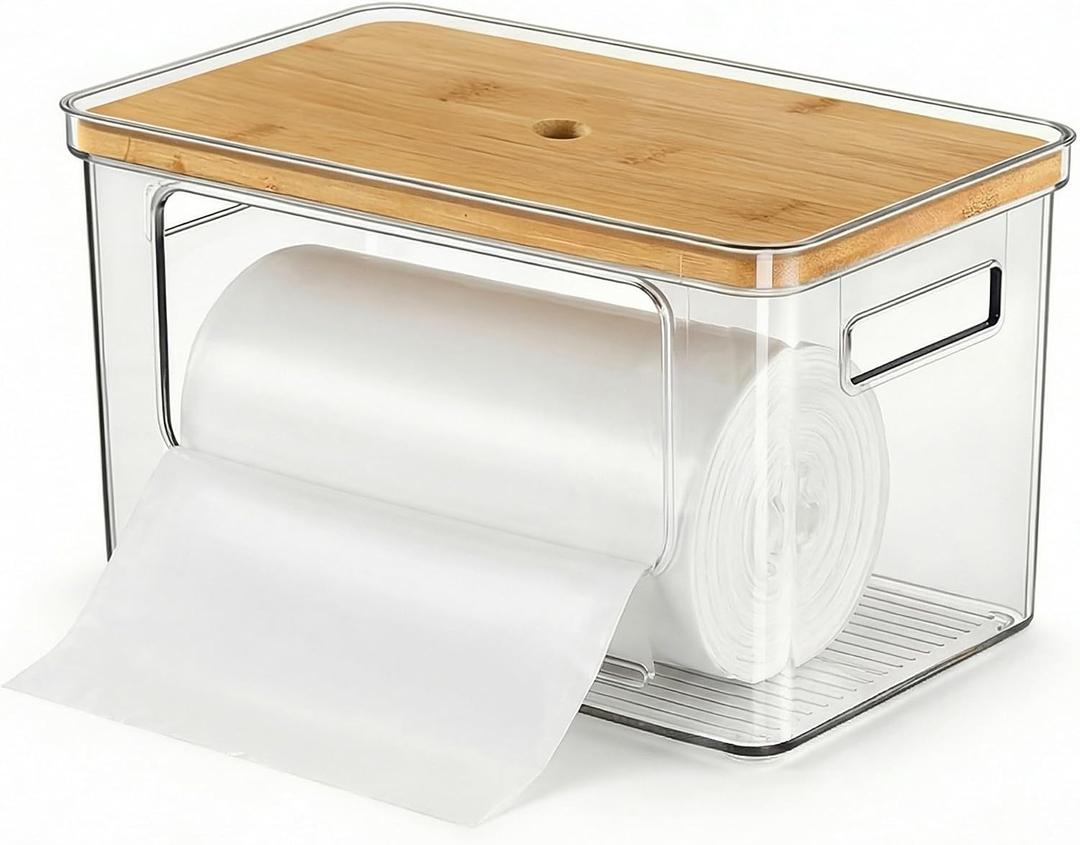 Trash Bag Dispenser, Stackable with Bamboo Top Extra Large Garbage Bag Holder & Under Sink Organizer for Kitchen, Laundry Room, Pantry Organization and Storage