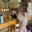 Spring Long Puff Sleeve Maternity Dress Floral Ruffle Hem Mermaid Baby Shower/Photoshoot Dress (Yellow, XL)