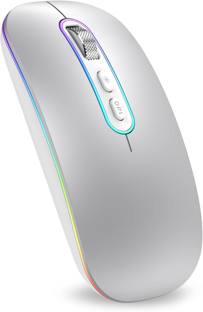 cimetech Wireless Bluetooth Laptop Mouse for Desk, Rechargeable Mouses Office Work from Home Essentials, [1 Mice for 2 Devices] [Ultra-Low Decibel Click], RGB Muse for MacBook Computer PC Chromebook (BT5.1 & 2.4G-Sliver)