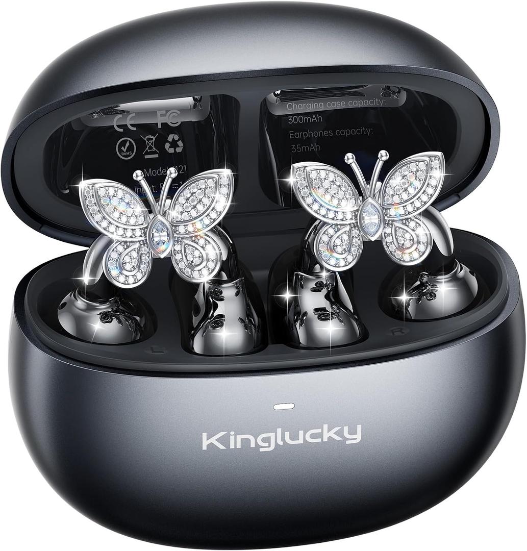 Kinglucky Jewelry-Inspired Clip-On Earbuds with Butterfly Earrings, Comfortable Fit & 40H Playtime Open Ear Bluetooth 5.4 Wireless Headphones for Women, Small Ears, Sports & Workouts (Black)