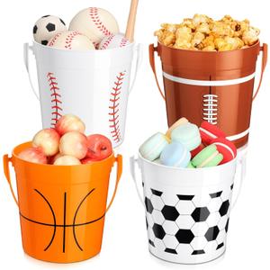 Qinyoung Sports Plastic Buckets Bulk with Handles 34 oz Treat Ice Bucket Bulk Reusable Cups for Soccer Baseball Basketball Football Sports Birthday Party Supplies(12 Pcs)