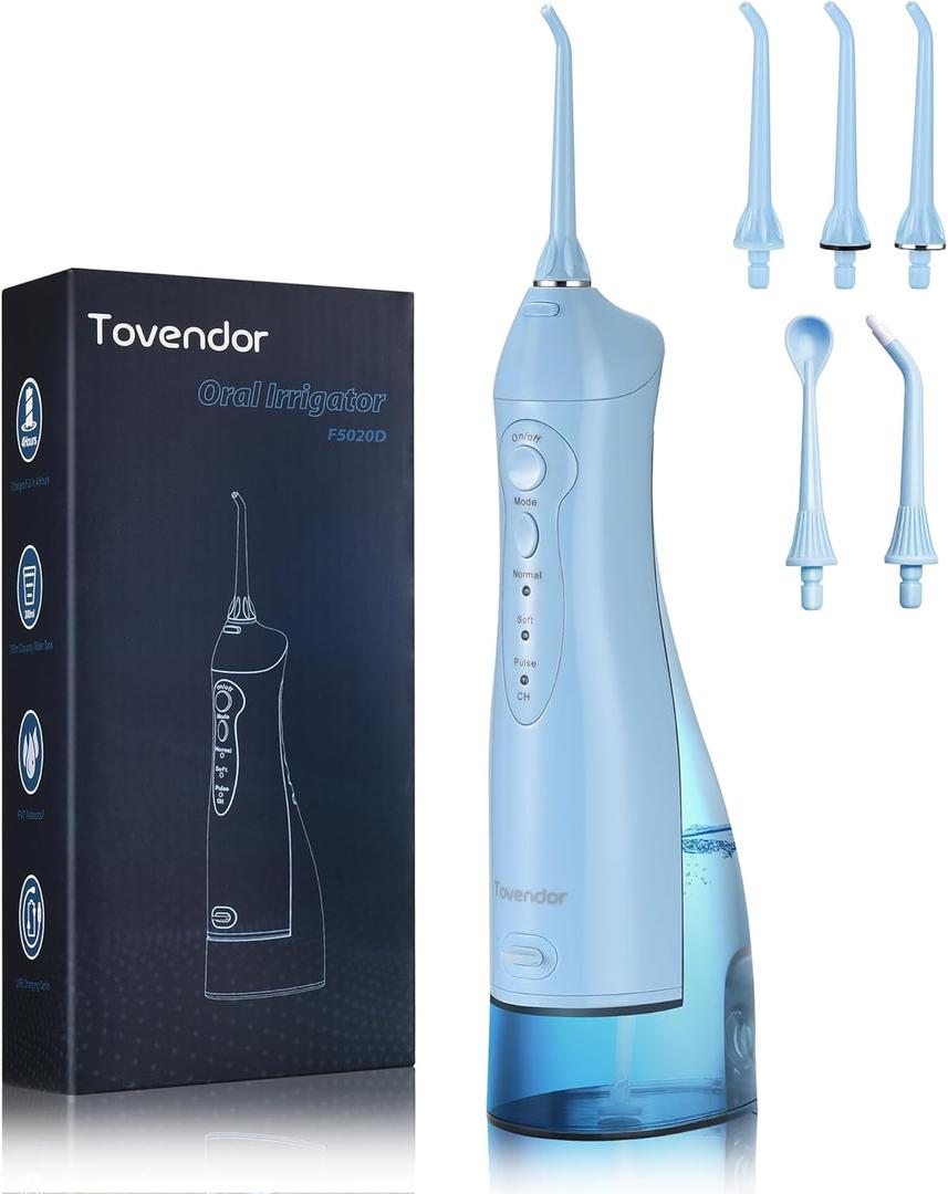 TOVENDOR Electric Water Flosser, Cordless Rechargeable Dental Oral Irrigator IPX7 Waterproof 300ML Travel Water Teeth Cleaner with 5 Tips for Braces Care Teeth Gums Cleaning, Home Office Daily Use (Z-light Blue)