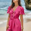Cicy Bell Womens Cute Rompers Bow Front Puff Sleeve V Neck Short Jumpsuits Sexy Summer Outfits with Pockets (Pink, L)