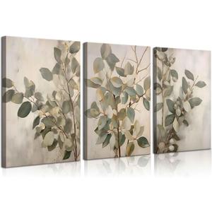 SUAXTCCR 3Pcs Eucalyptus Canvas Wall Art Neutral Botanical Wall Decor Pictures Modern Watercolor Plant Prints for Bedroom Living Room Home Decoration, 12x16 Inch (16L" x 12W")