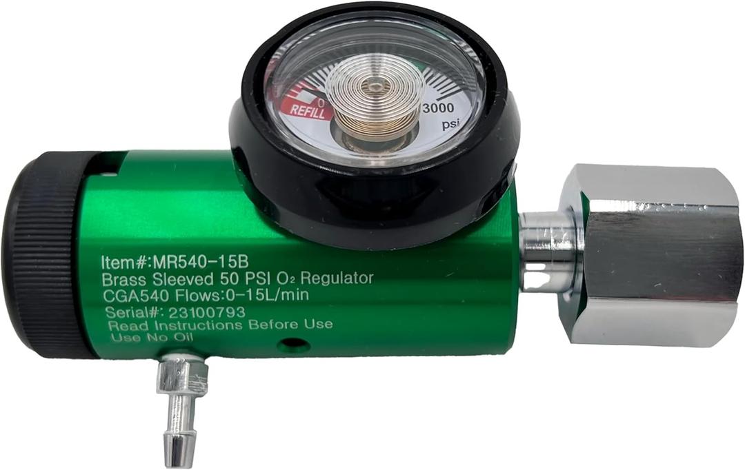 15LPM Oxygen Regulator CGA-540, Adjustable Flow 0-15 LPM - ASTM G175-03 - Aluminum/Brass, Max Inlet: 3000 PSI, Outlet: 50 PSI - Compact 1.38 inches X 6.29 inches