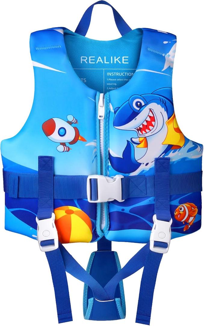 REALIKE Kids Swim Vest Toddler Floaties Adjustable Safety Strap Swimming Aids for Toddlers Children Float Swimsuit, Suitable for Age 2-10 Years/22-88lbs (Large(6-8 yrs/44-55 lbs), Shark)