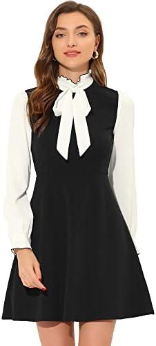 Allegra K Tie Neck Dresses for Women's 1960s Vintage Long Sleeve Contrast Color Dress, M