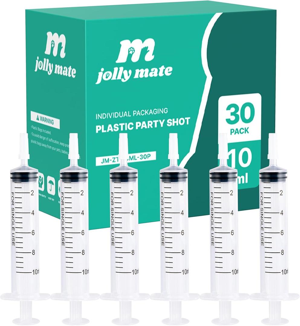 JollyMate 30 Pack 10ml Oral Syringe for Liquids, 10cc Oral Syringes without Needle with Cap Individually Wrapped for Pet Feeding, Scientific Labs, Measuring Liquids, Oil & Glue Dispenser