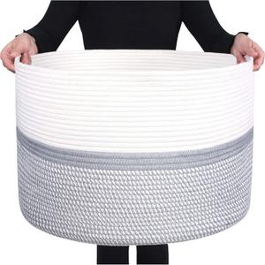 MINTWOOD Design Extra Large 22 x 14in Decorative Woven Cotton Rope Blanket Storage Basket Bin for Living Room and Laundry Hamper for Pillows, Pool Towels, Dog Toys, Shoes, Light Grey Mix
