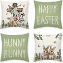 Happy Easter Bunny Pillow Covers Cross Hydrangeas Flower 18 x 18 Inch Throw Pillows, Spring Anniversary Celebration Seasonal Decorative Farmhouse Cushion Case for Sofa Couch Set of 4