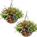 Artificial Hanging Plants Flowers with Basket 2 Packs, Artificial Hanging Flowers for Outdoors, Faux Hanging Plants Outdoor, Fake Flowers, Yellow+Purple+Pink+Red+White+Green
