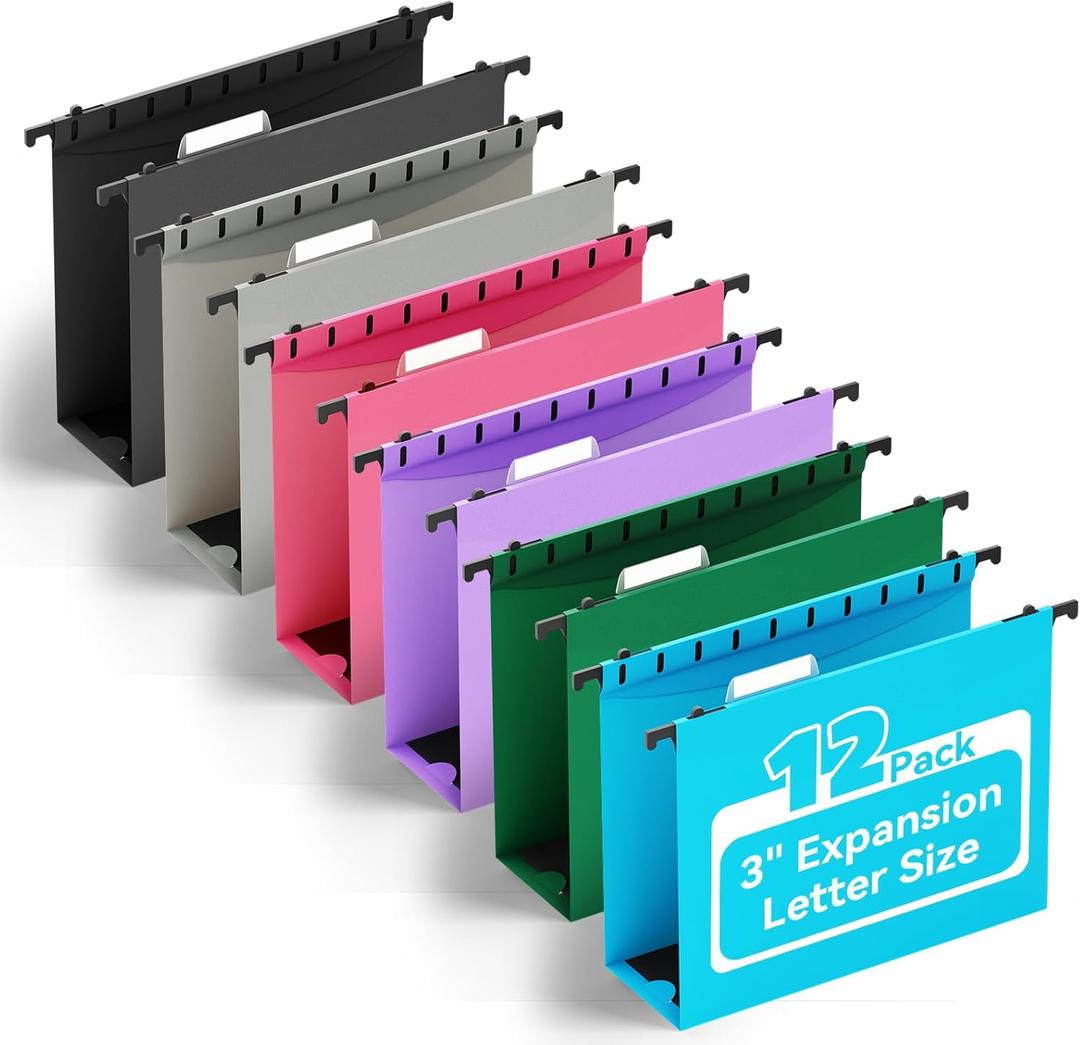 ANSOOK Plastic Hanging File Folders Letter Size, 3 Inch Reinforce Expanding File Folder,12 Pack File Cabinet Folders,Heavy Duty Hanging File Organizer,File Folders Hanging with Tabs (Assorted Color)