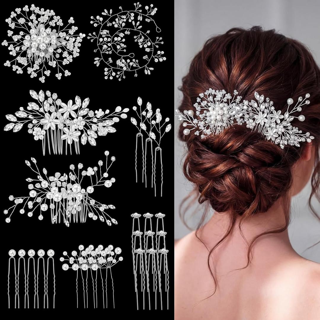 Maitys 44 Pieces Wedding Hair Accessories Faux Pearl Crystal Comb Clips U-shaped Flower Rhinestone Silver Pearl Hair Pieces for Prom Bride Bridesmaid(Delicate Style)