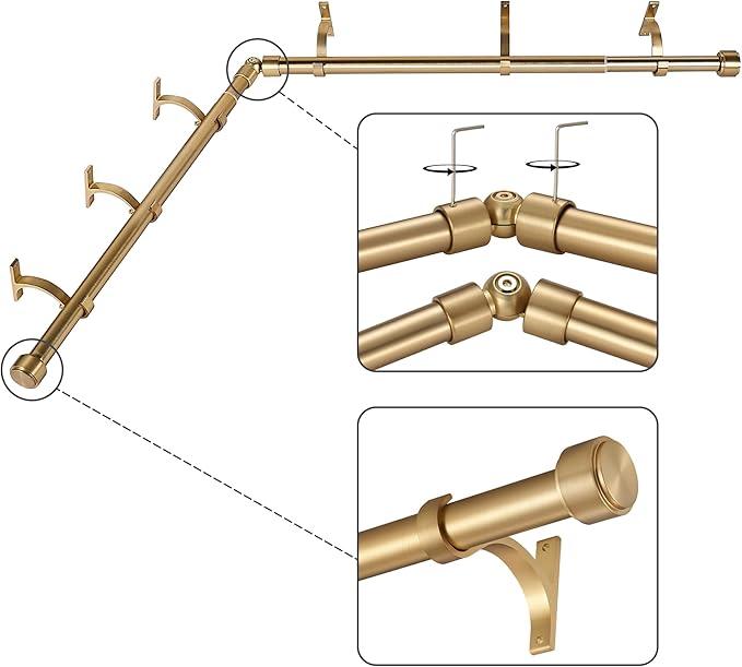 Warm Gold Corner Window Curtain Rods with Aluminum End Cap Finials and Brackets,1 Inch Diameter Bay Window Curtain Rods, 2 Sided 36-72 Inch Adjustable Drapery Rod