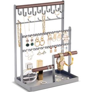 ProCase Jewelry Organizer Stand Necklace Organizer Earring Holder, 6 Tier Jewelry Stand Necklace Holder with 15 Hooks, Jewelry Tower Display Rack Storage Tree for Bracelets Earrings Rings -Grey