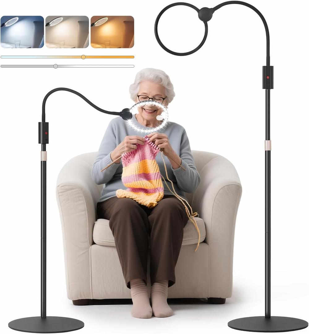 Floor Magnifying Glass with Light and Stand with Real Glass Lens, Magnifying Floor Lamp with Light Adjustable Height, 3 Color Modes, 360 Flexible Gooseneck Hands Free Magnifier for Close Work
