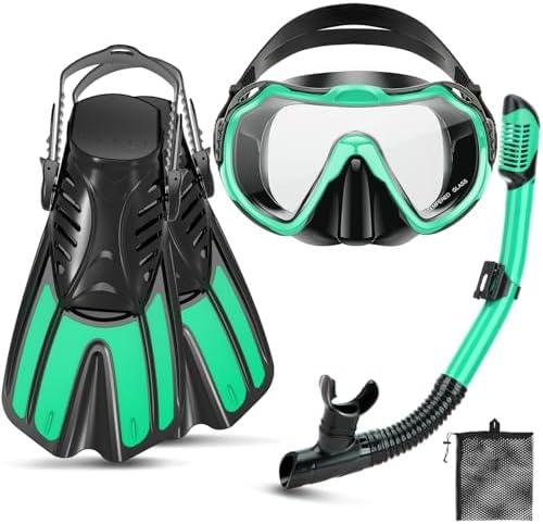 CTSAYTL Snorkeling Gear for Adults, 4 in 1 Travel Size Mask Fins Snorkel Set with Panoramic View Anti Fog Mask, Dry Top Snorkel, Trek Fins and Travel Bag, Snorkel Gear for Swimming Diving Snorkeling, Size: L/XL(42-47)