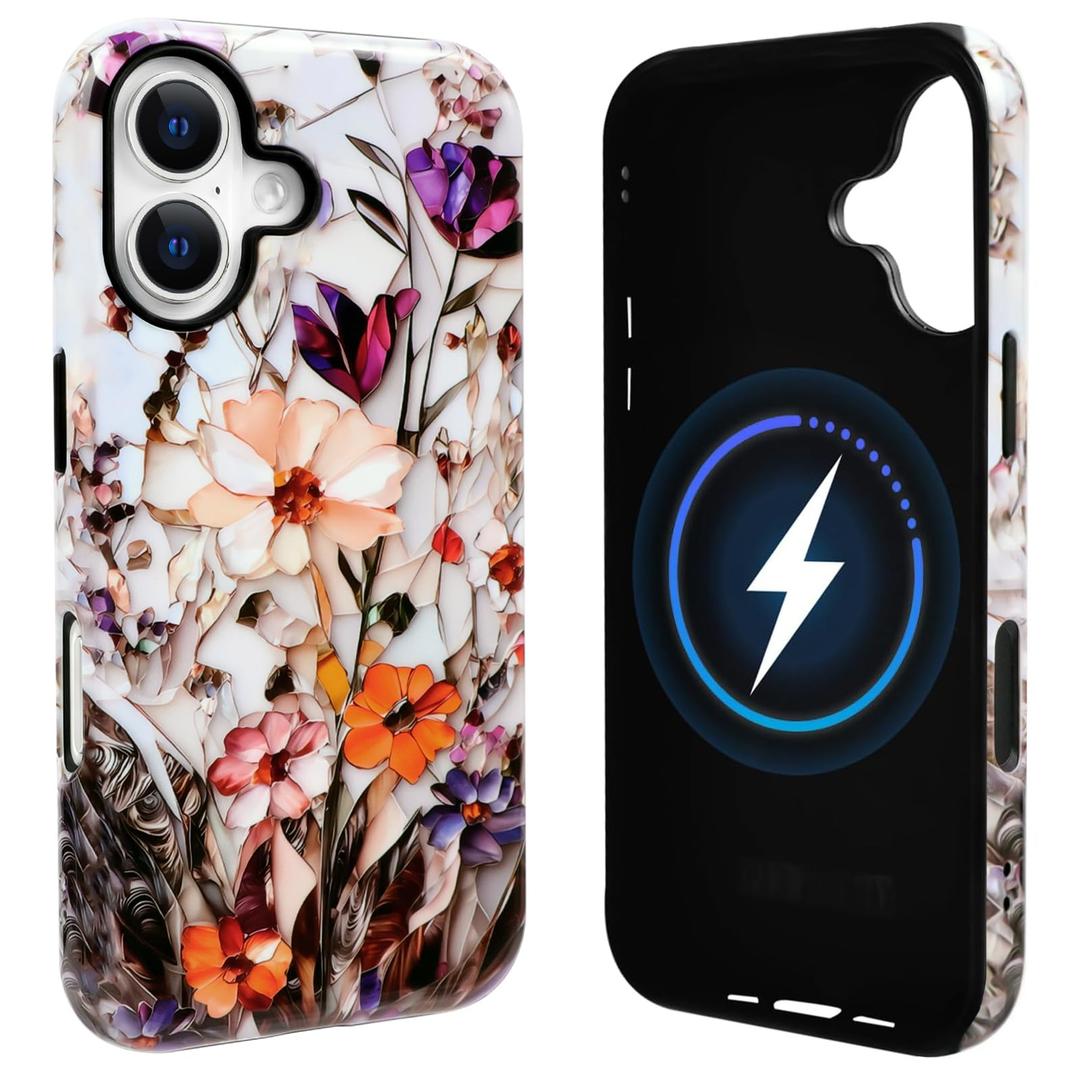 NITITOP Compatible with iPhone 16 Plus Case Cute Magnetic Compatible with MagSafe Flowers Floral for Women Girl Glossy Soft TPU Hybrid 2 Layers Back Shockproof Protective Cover - Orange Daisy
