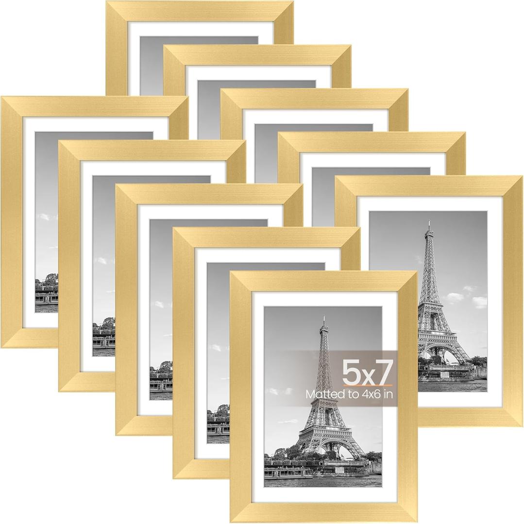 upsimples 5x7 Picture Frame Set of 10, Display Pictures 4x6 with Mat or 5x7 Without, Multi Photo Frames Collage for Wall or Tabletop Display, Gold