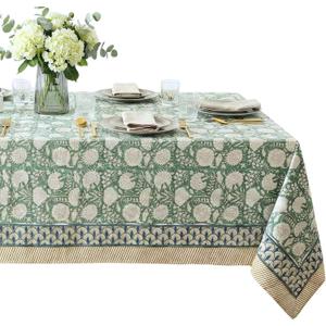 ATOSII Jade 100% Cotton Rectangle Summer Tablecloth, Block Print Floral Table Cloth Linen for Dining, Parties, Weddings, Outdoors I Grand Millennial Decor 60 X 108 Inches I 8 Seater I Memorial Day
