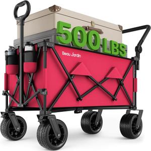 BEAU JARDIN Folding Push & Pull Beach Wagon 500 lbs Collapsible Foldable Wagons with Push Handle All Terrain Wheels Grocery Utility Camping Sports Garden Wagon Cart Red (Large)