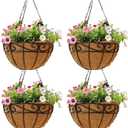EIMQUVW Outdoor Metal Hanging Planters Basket (4pack, 14 inch) Hanging Baskets for Plants Chain Round Wire Plant Holder with Coco Fiber Liners for Garden, Patio, Deck, Porch(Flower Border)
