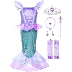 JerrisApparel Girls Princess Mermaid Costume Cosplay Party Dress (5, Purple With Accessories)