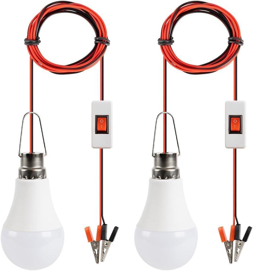DC 12V LED Light Bulb Emergency Lamp Lights with 3 Meter Clamp Wiring & Switch for Camping Light, Outdoor Lighting, Motorcycle, Boat, RV Interior Low Volt Lightings, White 6500K, 2 Packs (12W)