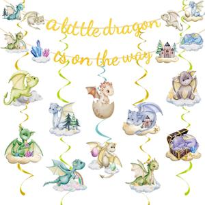 Dragon Baby Shower Decorations Include A Little Dragon is On The Way Banner and Hanging Swirls Dragon Theme Party Supplies