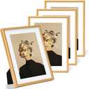 5x7 Picture Frame Set of 4, Matted Gold Simple Modern Thin Aluminum Metal Photo Frame Fits 3x5 and 4x6 with Mat or 5x7 without Mat Photo. Display for Tabletop or Wall Collage. (Horizontal &