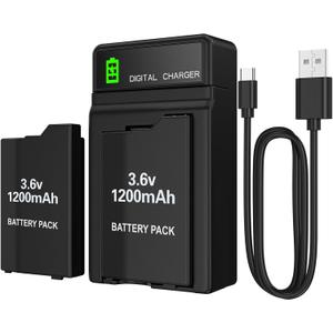 PSP Battery and Charger, 2Pcs 3.6v 1200mAh Lithium Polymer Replacement Batteries with Charging Dock for PSP-3000, PSP-3001, PSP-2000, PSP-2001, PSP-3002, PSP-3004, PSP Lite, PSP Slim Console