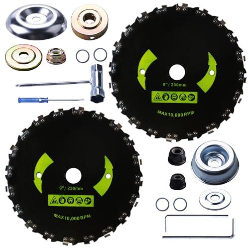 9" x 20T 2-Set Carbon Steel Round Chainsaw Tooth Brush Blades - Universal Adapter Kit with 3 Round Files, Compatible with Brush Cutter, Trimmer, Weed Eater, Husqvarna, Stihl, Ego