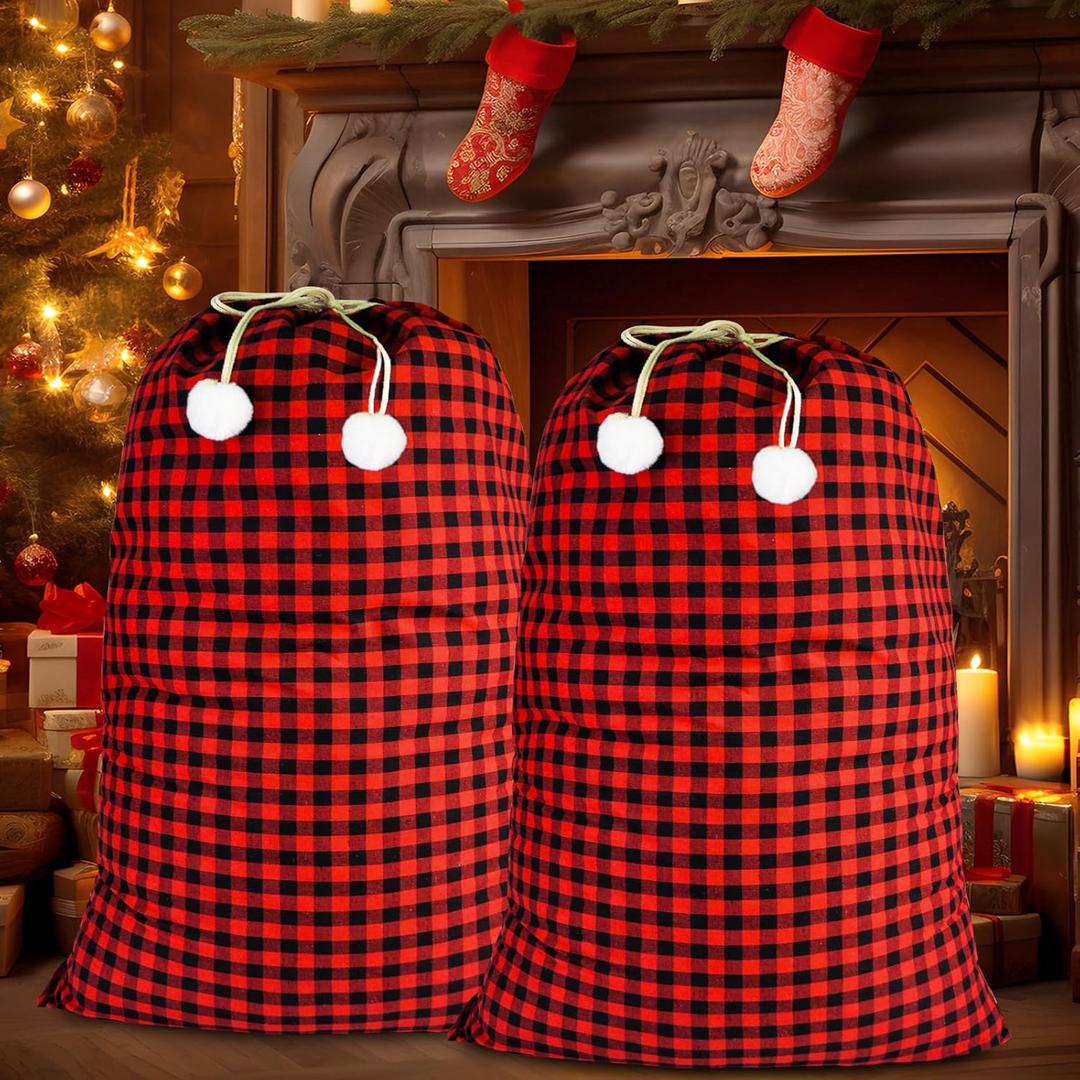 letesult 2PCS 35''x55'' Jumbo Santa Sacks Drawstring Christmas Bags, Buffalo Plaid Extra Large Christmas Gift Bags, Xmas Heavy Santa Present Storage Bag for Holiday Gift Presents Party Supplies