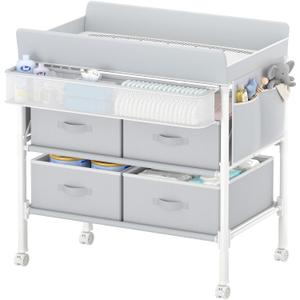 BOLUO Baby Changing Table with 4 Drawers, Waterproof Diaper Changing Station with Storage, Adjustable Height Baby Changing Station for Mobile Nursery Grey