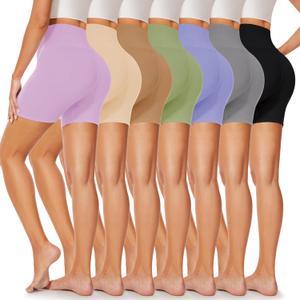 yeuG 7 Pack Women's High Waist Biker Shorts-5" Athletic Workout Shorts for Running, Yoga, Cheerleading Spandex (05-lack, Grey, Lilac, Khaki, Pea Green, Nude, Light Pink)