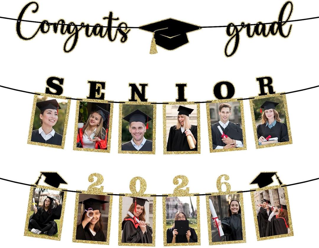 Senior 2026 Graduation Picture Banner Party Decorations, DIY Congrats Grad Grad Photo Banner for High School College Classroom Parties Supplies - Fits photos up to 4"x6" (Senior Black)