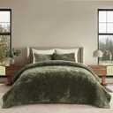 EverGrace Velvet Quilt Set Queen Size, Luxurious Soft Striped Channel Bedding Set, Lightweight Velvet Comforter for All Season, Quilted Bedspread Coverlet with 2 Matching Shams, Olive Green