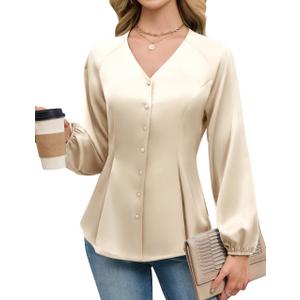 Blooming Jelly Womens Satin Silk Dressy Casual Business Blouse Button Down Long Sleeve Peplum Top Work Shirt Fall Outfit (Black,S) (Black, S)