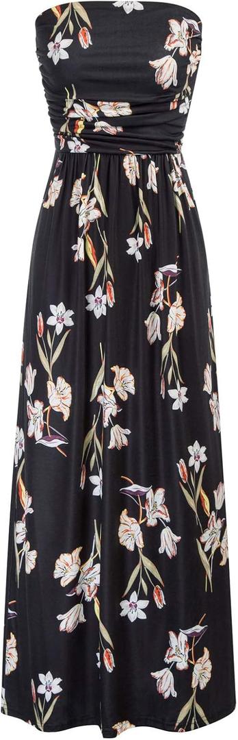 GRACE KARIN Women Strapless Dress Casual Loose Ruched Long Maxi Dress with Pockets (Floral Black)