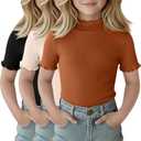 LessonZoo 3 Pack Girls Shirts Short Sleeve Mock Turtleneck Cotton Cute Lettuce Trim Summer Tops 5-14Y Kids Clothes(Black, Cream, Pumpkin,11-12 Years)
