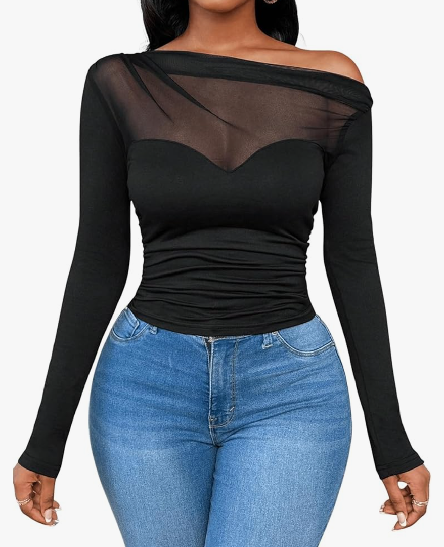WDIRARA Women's One Shoulder Mesh Long Sleeve Tops Sexy Night Out Shirts ( Size S)