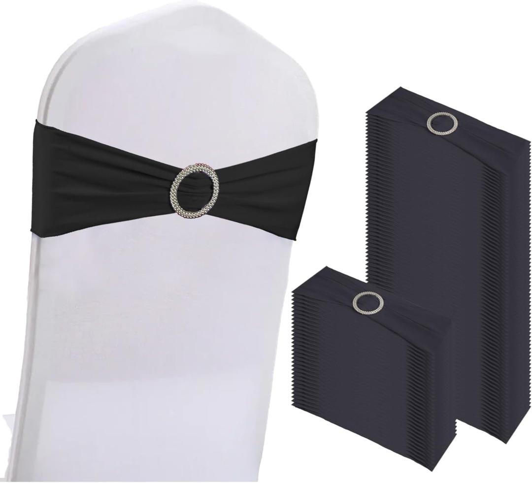 100PCS Spandex Stretch Chair Sashes Bows Elastic Chair Cover Bands Ties with Buckle Slider for Wedding Party Reception Events Universal Ceremony Banquet Decorations, (Black)