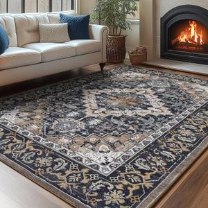 Lessymo 8 x 10 Area Rugs for Living Room, Machine Washable Area Rugs Boho Faux Wool Low Pile Area Rug for Bedroom, Floral Medallion Vintage Rugs with Non-Slip Rubber, Kid & Pet Friendly,Black Brown