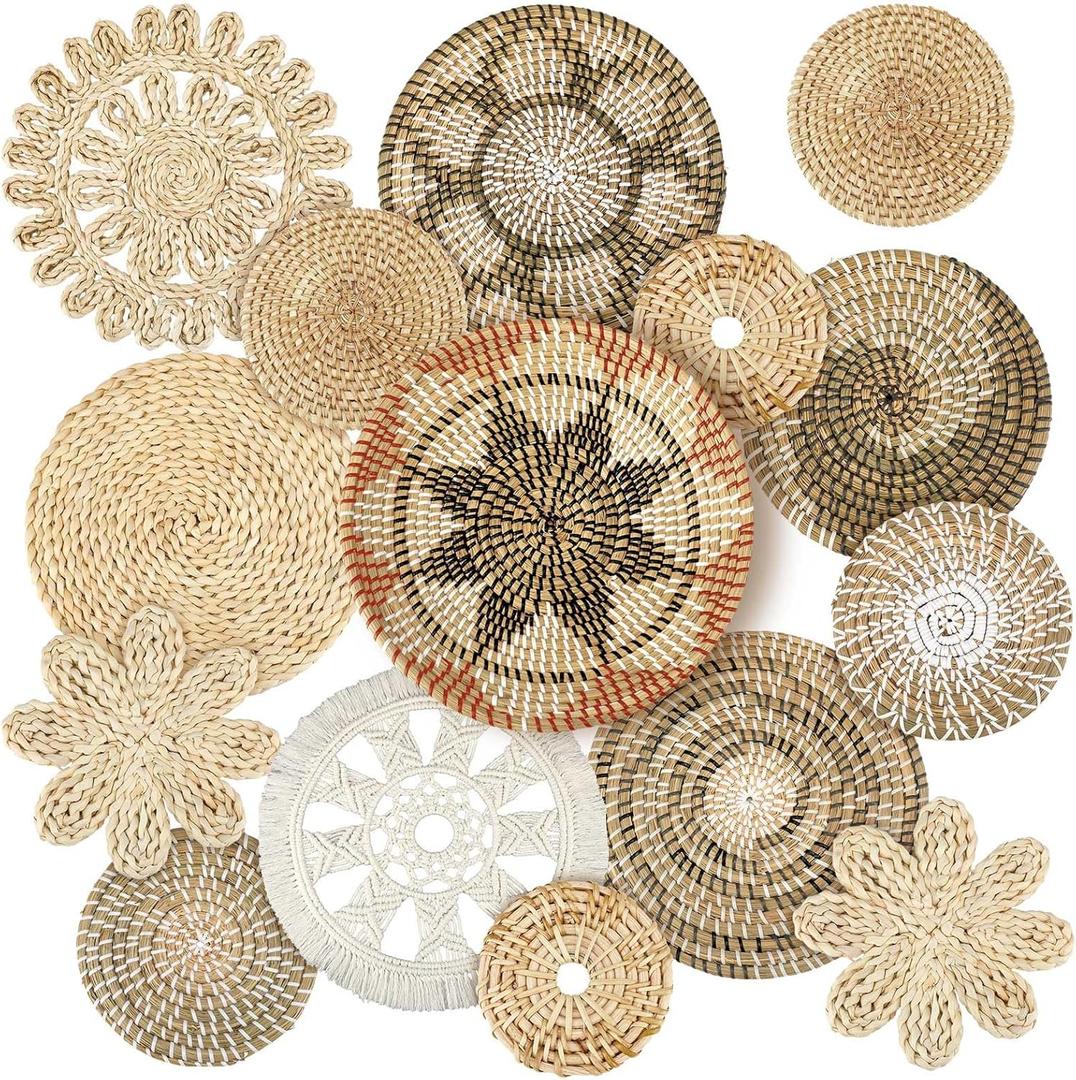 Xuhal 15 Pcs Boho Wall Basket Decor Handcrafted Seagrass Woven Wall Basket Rustic Round Woven Hanging Art for Home Farmhouse Kitchen Table Living Room(Classic Style)
