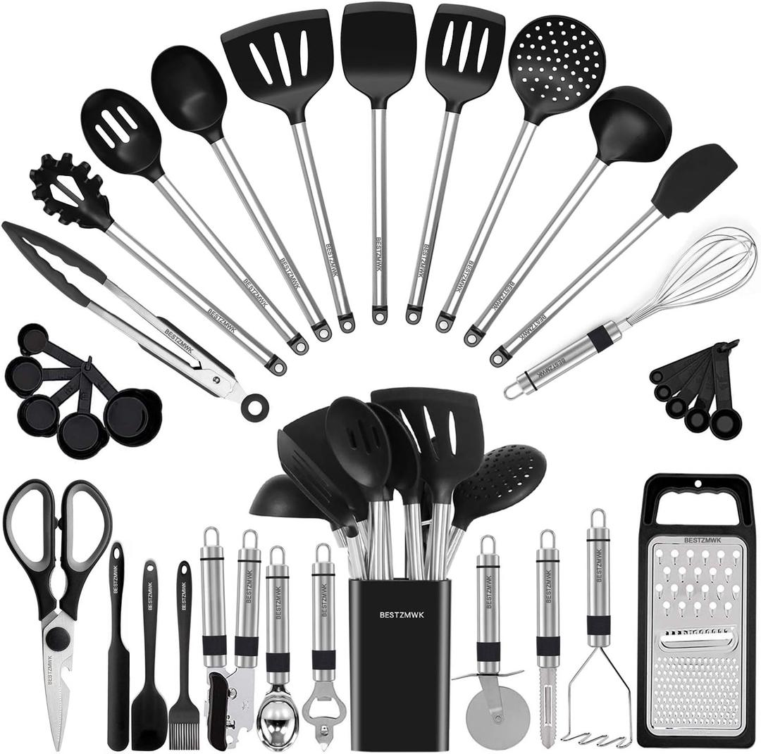 Kitchen Utensil Set-Silicone Cooking Utensils-33 Kitchen Gadgets & Spoons for Nonstick Cookware-Silicone and Stainless Steel Spatula Set-Best Kitchen Tools, Useful Pots and Pans Accessories (Black)