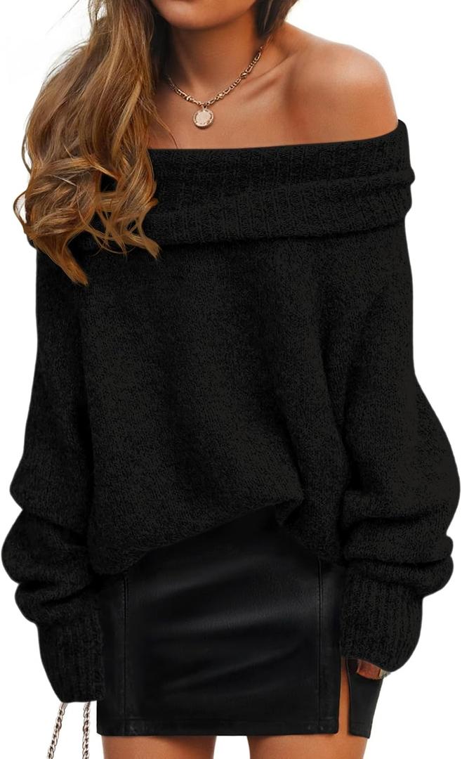 ZESICA Women's Off The Shoulder Spring Sweaters Oversized Long Sleeve Pullover Tops 2026 Fashion Outfit Clothes (Black, L)