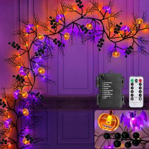 TURNMEON Remote Control Extra Long 9 Ft 72 LED Orange Purple Lights Halloween Willow Twig Decor Halloween Garland Timer 8 Modes Berries 12 Bat Pumpkin Lights Battery Halloween Decorations Indoor Home