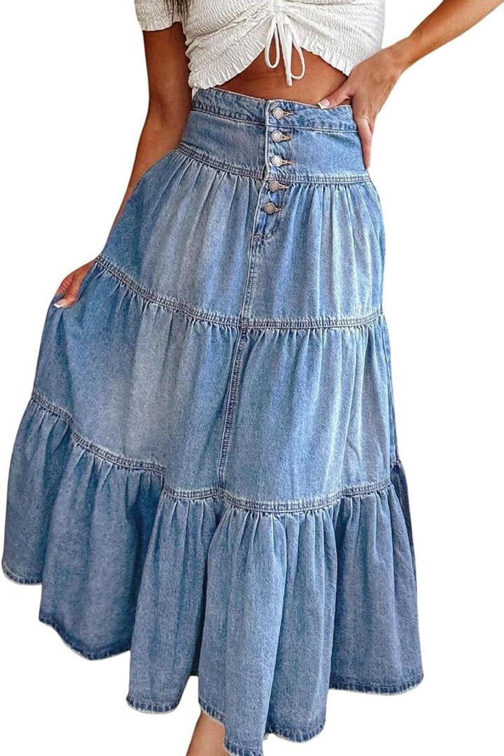 yoeasy Women's High Waist Denim Maxi Skirt Button Boho Flowy Pleated Tiered Ruffle Swing A-Line Jean Long Skirt (X-Large, Blue)