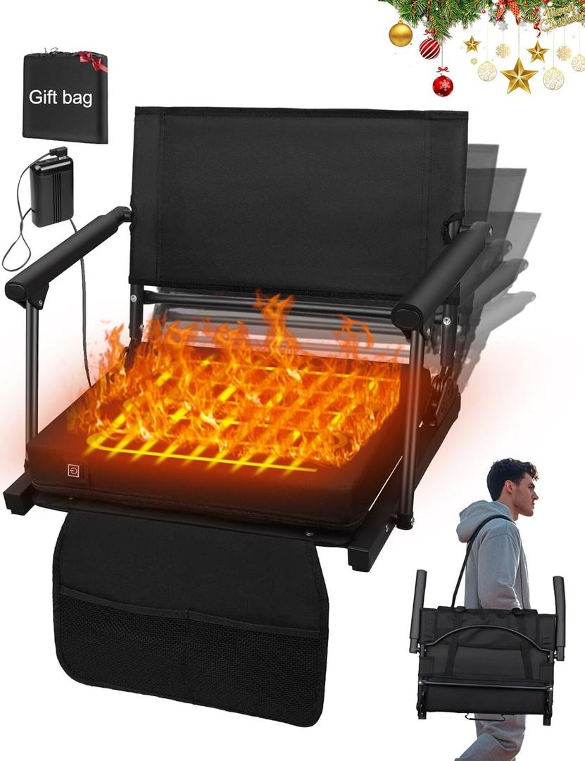 Heated Stadium Seats for Bleachers with Battey, 3 Levels of Heat Bleacher Seats with Back & Cushion, Foldable Heated Stadium Chairs with Armrests, Bleacher Warmer Chair for Camping Game Sport (One Size, All Black)